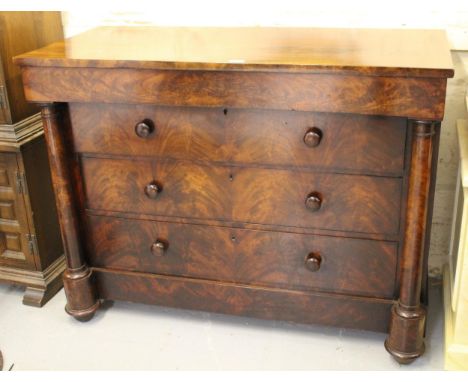 Victorian mahogany chest, having single frieze drawer above three long drawers, with knob handles flanked by pillasters, stam