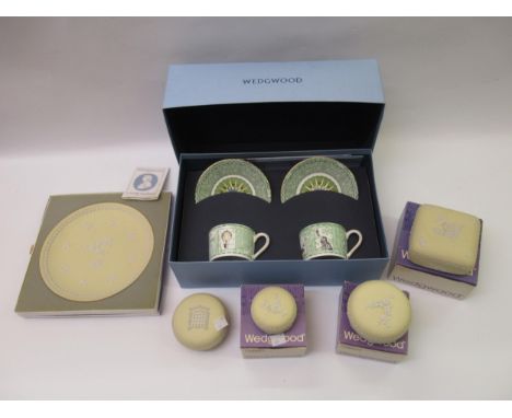 Group of five Wedgwood primrose and white Jasperware boxes etc., including four boxed, together with a Wedgwood millennium bo