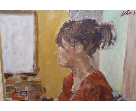 Oil on canvas board, head and shoulder portrait of a young lady in an interior, bearing signature John Ward in ink, 19 x 24cm