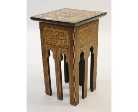 19th Century Liberty type square occasional table, with mother of pearl and exotic wood inlay, decorated with Arabic calligra