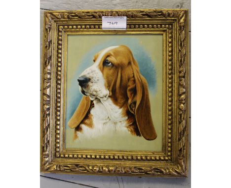 Jessica Holmes, oil on board, portrait of a Bassett hound, 18 x 15cm, gilt framed, together with oval watercolour study of a 