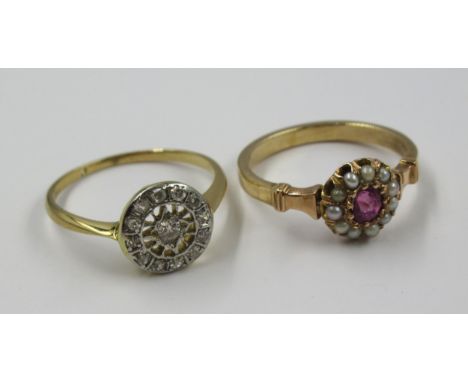 Gold circular diamond cluster ring, together with a gold, ruby and seed pearl cluster ring 