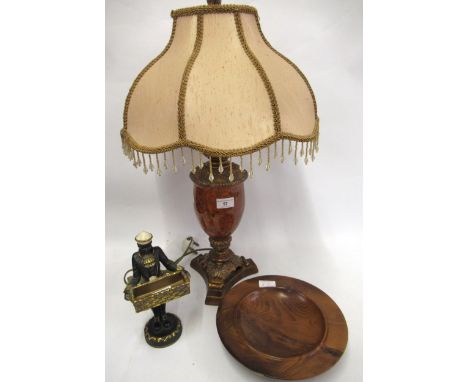 Reproduction glass and composition table lamp, reproduction composition figure of a boy carrying a basket and a 20th Century 