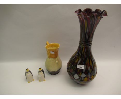 Modern art glass baluster form vase, Beswick glazed jug and a Carltonware salt and pepper in the form of penguins 