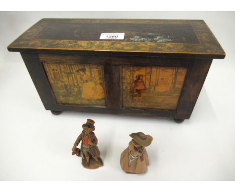 Arts and Crafts miniature painted trunk with hinged lid, together with two small Italian carved and painted figuresGood condi