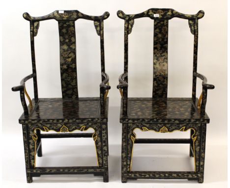 Two Chinese black lacquer and chinoiserie decorated throne chairs, 120cm high x 67cm wide x 50cm deep eachBoth are in good co