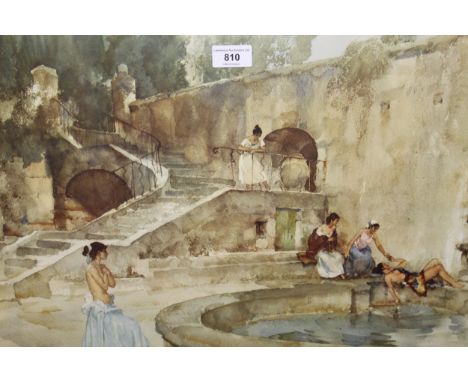 Sir William Russell Flint signed coloured print, semi nude females bathing in a courtyard, 42 x 56cm 