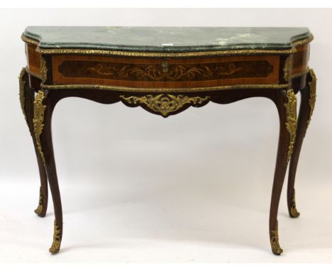 Reproduction French Kingwood marquetry inlaid ormolu mounted console table with a green marble top above a single drawer, rai