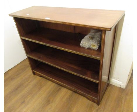 20th Century mahogany crossbanded and line inlaid three shelf open bookcase, 84cm high x 124cm wide x 36cm deep 