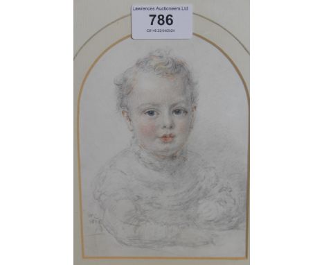 Pencil and coloured crayon, half length portrait of a child, signed with initials W.C. and dated 1875, 15 x 11cm, gilt framed