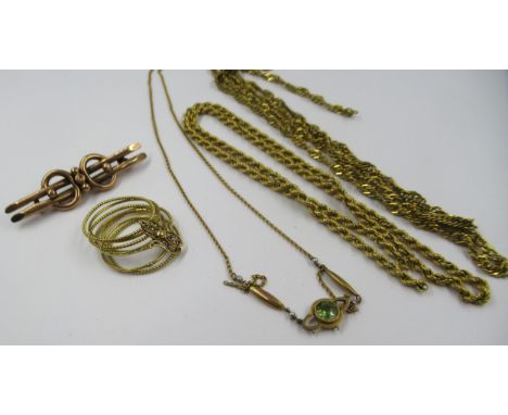 Middle Eastern yellow metal ring, gold bar brooch, zircon pendant with integral chain and two other chainsWeight of chain is 