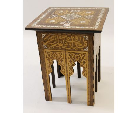 19th Century Liberty type square occasional table, with mother of pearl and hardwood inlays, decorated with Ottoman calligrap