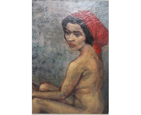 20th Century oil on hardboard, nude study of a seated female figure with a pot and red head scarf, 67 x 57cm 