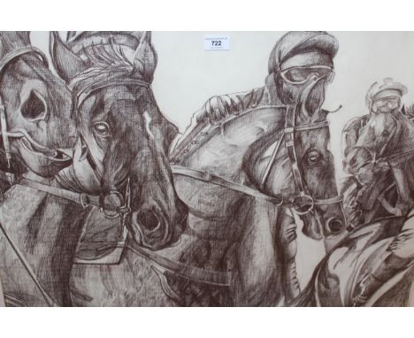 R. Kemp, pencil drawing, study of racehorses, signed, 58 x 79cm, gilt framed 
