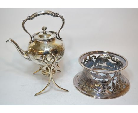 19th Century silver plated dish ring, silver plated spirit kettle and other miscellaneous items of silver plate 