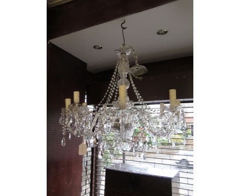 Modern glass eight light electrolier with scroll shaped arms, baluster centre column and various drops, together with a pair 