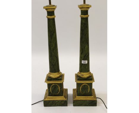 Pair of decorative wooden gilded and faux marble painted column form lamp bases, 78cm high 