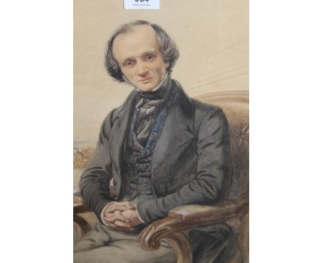 Herbet L. Smith watercolour, half length portrait of a seated Victorian gentleman, dated 1851, in a bird's eye maple and gilt