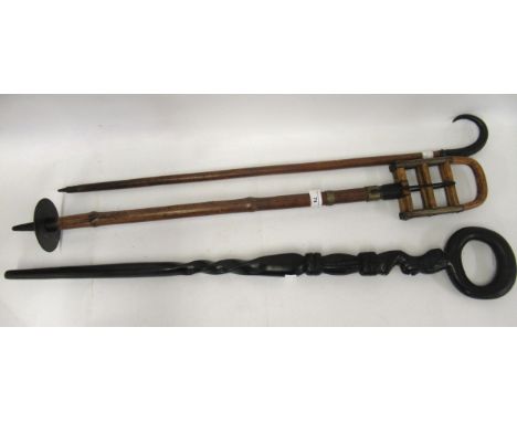 19th Century bamboo shooting stick, Black Forest walking stick with deer horn handle and an African carved hardwood walking s