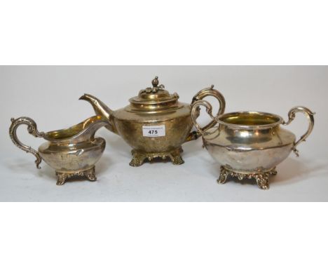 19th Century silver three piece tea service of circular squat baluster form, the teapot London 1841, the sugar bowl, London 1