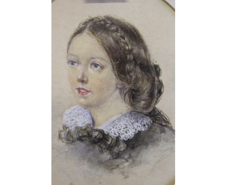 19th Century oval mounted watercolour portrait of a girl, 20 x 17cm, gilt framed, together with an oval mounted silhouette ty