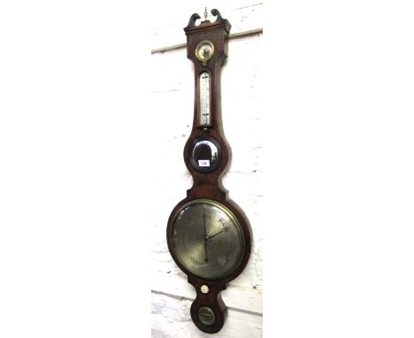 George III mahogany line inlaid wheel barometer, inscribed ' Zambra, Saffron Walden ', with silvered dials 