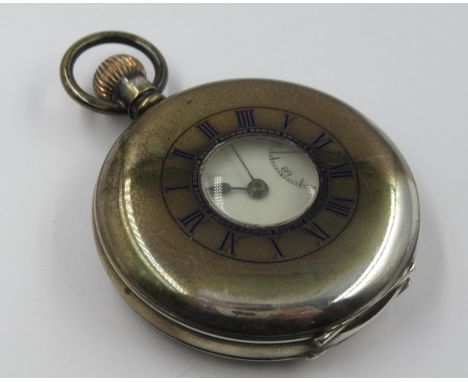 Birmingham silver cased half hunter pocket watch, with blue enamelled cover and enamel dial with Roman numerals and subsidiar