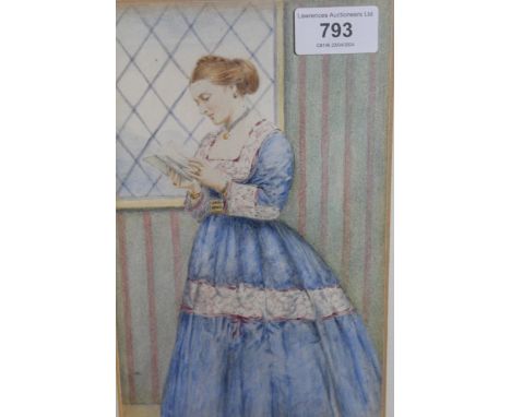 J.D. Watson, watercolour, portrait of a lady in a blue dress, signed, 22 x 14cm, gilt framed 