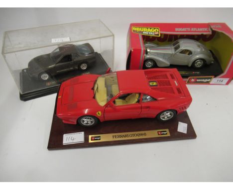 Burago Bugatti Atlantic 1936 1:24 scale model in box, Burago Ferrari GTO, unboxed, on stand and another of a Porsche 924 on s