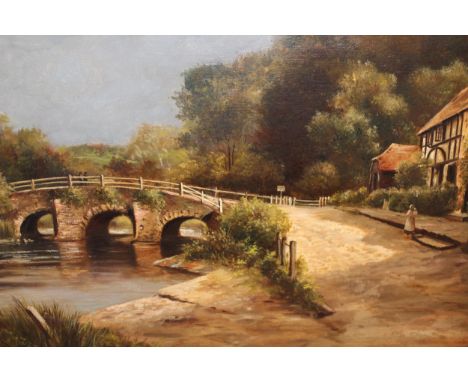 Oil on canvas, stone bridge in a landscape together with two watercolour, botanical studies, signed Peggy Dawe, charcoal draw