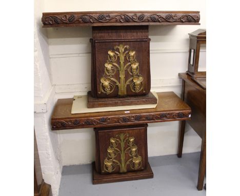 Pair of Art Deco oak metal mounted console tables with vine decorated friezes on plinth bases, 78cm high x 115cm wide x 45cm 