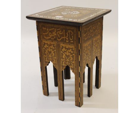 19th Century Liberty type square mother of pearl and inlaid occasional table, with Arabic calligraphy decoration, 51cm high x