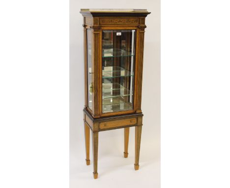 Small fine quality 19th Century satinwood display cabinet, the brass galleried top above an inlaid frieze, the bevelled glass