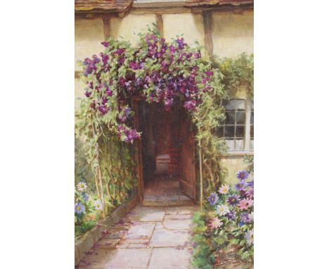 James Townshend R.B.A., signed oil on canvas board, a cottage door and garden 40cm x 29cm 