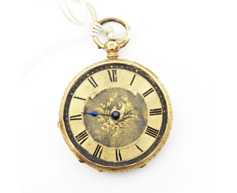 Enamel and gold-cased open-faced pocket watch with Roman numerals, enamelled formal gardens scene panel to reverse, the case 