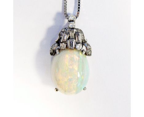 Opal and diamond set pendant with single oval cabochon opal suspended from Art Deco style setting, of four baguette diamonds,