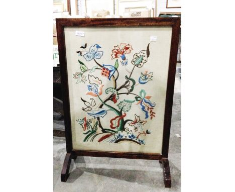 Wooden firescreen, a framed embroidered picture and a gilt framed mirror (3) 