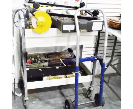 Large assortment of tools including grinder, Lee Nelson beading tool, Axminster power tool centre trolley, sack truck and a l