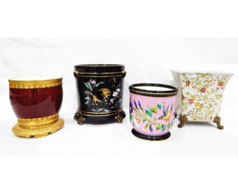 Black ground circular jardiniere with raised enamel floral decoration and gilt cranes, with moulded classical style heads and