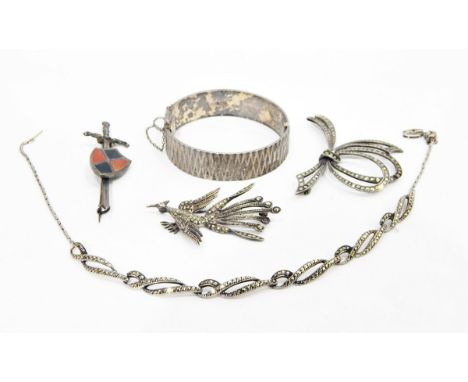 Marcasite bracelet, a marcasite brooch modelled as a bird, another of bow-design, silver hinged bangle of textured design, a 