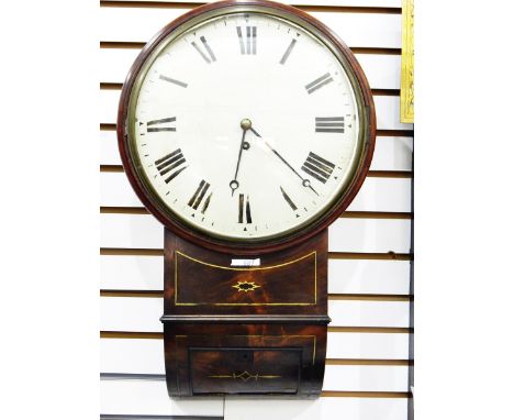 Regency mahogany cased wall clock, the enamelled dial with Roman numerals, with eight-day fusee movement, the case with brass
