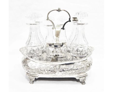 Late George III silver cruet frame, maker's mark 'WB' London 1817, of oval form with floral decoration, gadrooned border and 