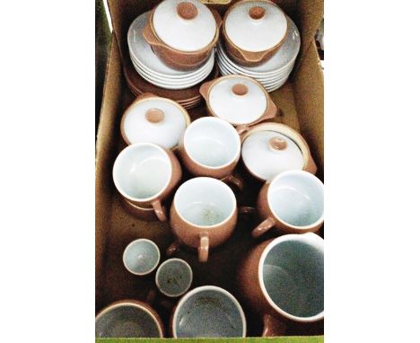 Part tea service Denby-style, mushroom with pale blue interior and assorted ceramics (2 boxes) 