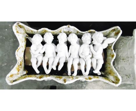 Pair of white painted metal garden urns, a pair of white painted metal square planters, a sarcophagus-shaped white metal plan