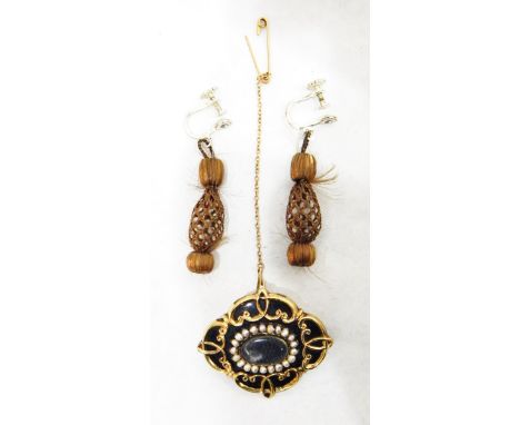 Victorian gold-coloured metal, black enamel and seedpearl mourning brooch, shaped oval with scallop border, inset with plaite