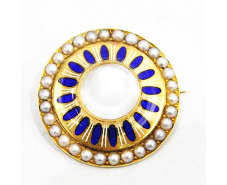Edwardian gold-coloured metal moonstone enamel and pearl target brooch, circular set with central circular cabochon moonstone