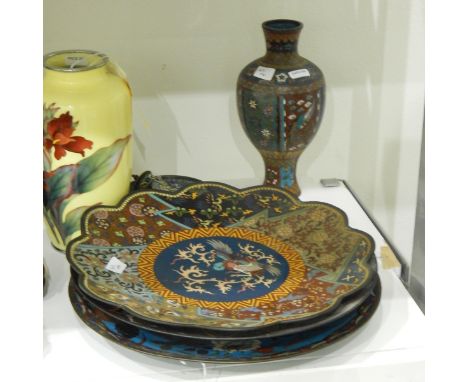 Three Japanese cloisonne dishes, variously decorated with phoenix, dragon and flowering peonies, cloisonne enamel footed vase