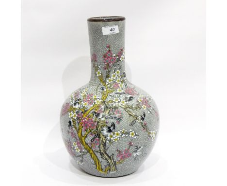 Crackleware bottle vase with enamel decoration of birds on flowering prunus branches, on a grey crackle ground, 35cm high 