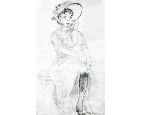 Alan Dobie (20th century) Pencil and charcoal drawing Seated portrait of Andree Melly, a fellow actor in character for the pl
