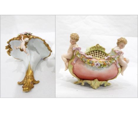 Noritake porcelain wall shelf, handpainted with floral garlands, moulded gilt scroll rim, central encrusted roses supported b